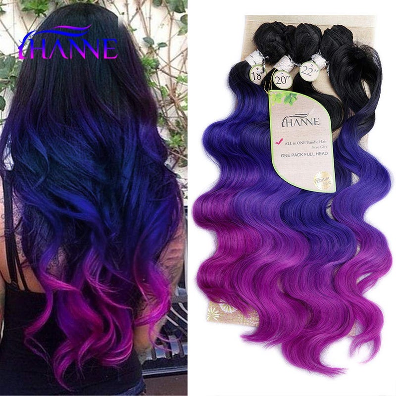 HANNE Ombre Purple Hair Bundles with Closure Body Wave Mermaid Hair Extensions for Women 18 20 22 Inch with Closure Heat Resistant Colorful Synthetic Bundles Purple Hair Extensions BlackBluePurple