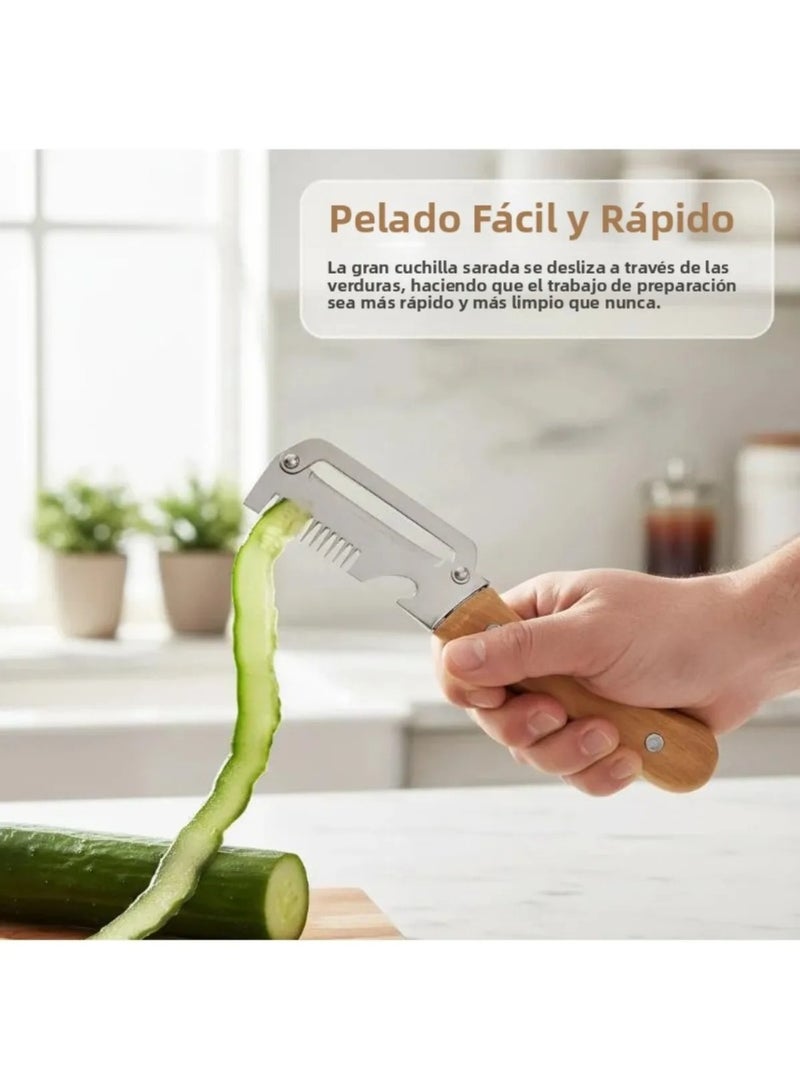 5PCS Stainless Steel Vegetable Peeler with Wooden Handle, Multi-functional Kitchen Tool - Image 4