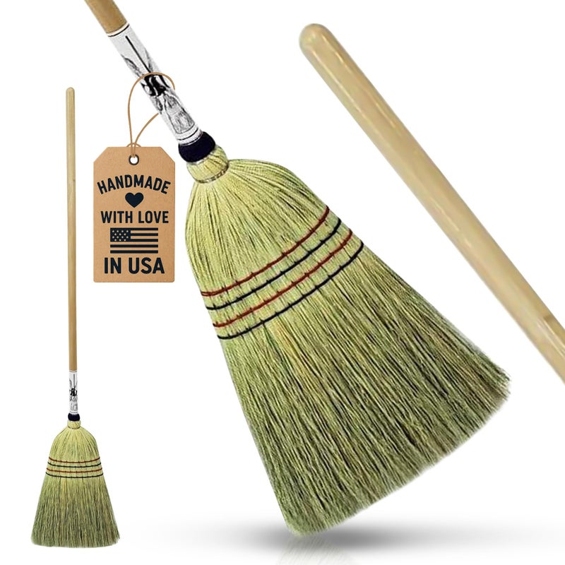 Peaceful Classics Handmade Amish Corn Broom with Wooden Handle â€“ 57" Heavy Duty Broom for Courtyard, Lobby & Market, 100% Corn Fill Straw Broo'm, 4 Sews Indoor & Outdoor Bristle for Sweeping - Yellow - Image 1