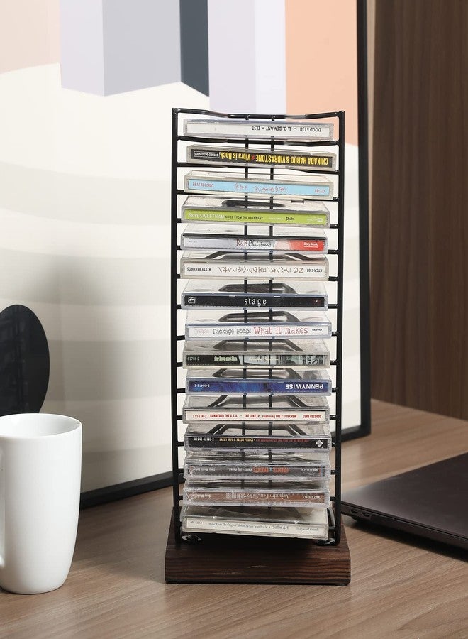 ماي جيفت حامل أقراص تخزين الأقراص المدمجة من ماي جيفت، رف عرض أقراص DVD للطاولة، يتسع لـ 15 علبة أقراص، هيكل معدني أسود غير لامع، قاعدة خشبية محروقة - Image 2