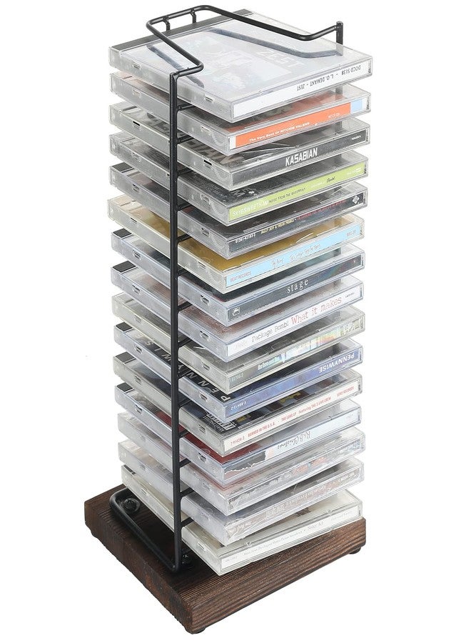 ماي جيفت حامل أقراص تخزين الأقراص المدمجة من ماي جيفت، رف عرض أقراص DVD للطاولة، يتسع لـ 15 علبة أقراص، هيكل معدني أسود غير لامع، قاعدة خشبية محروقة - Image 1