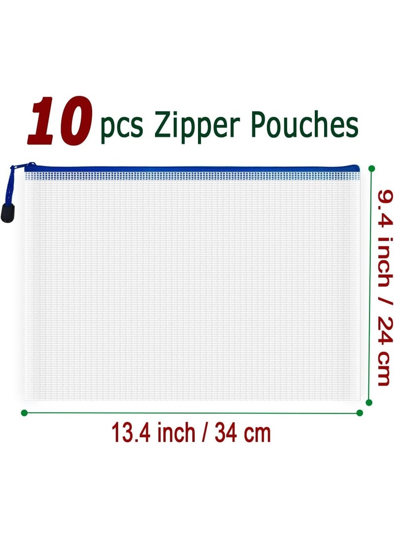 10 Pcs Zipper File Bags, Waterproof Plastic Mesh Pouch for Office School, Board Game Storage Bags (A4 Size 13.4''x9.4'', White and Blue) - Image 5