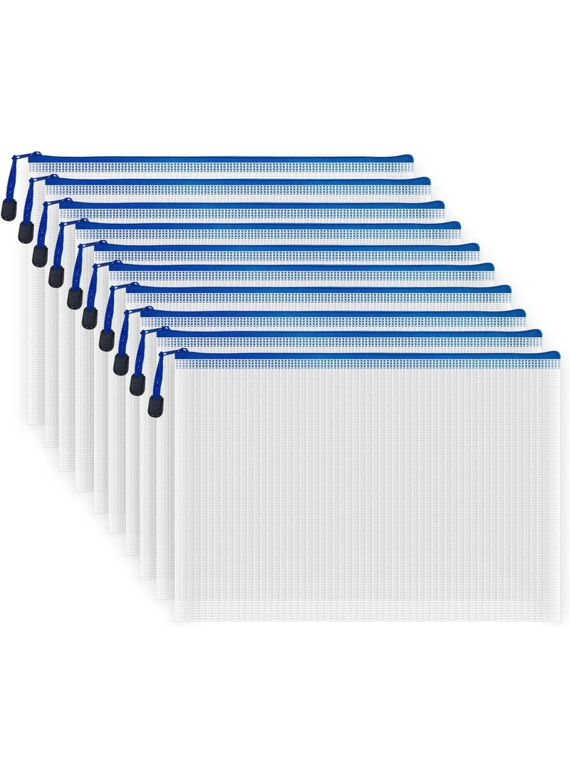 10 Pcs Zipper File Bags, Waterproof Plastic Mesh Pouch for Office School, Board Game Storage Bags (A4 Size 13.4''x9.4'', White and Blue) - Image 1