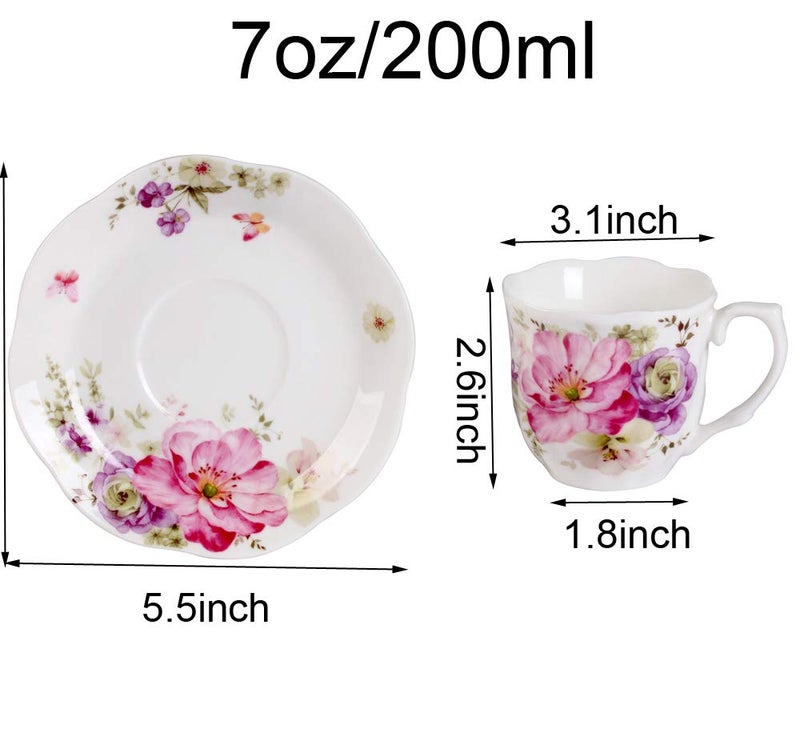 GuangYang 7 oz Porcelain Tea Cups and Saucers Set of 6, Pink Floral Design – Elegant Gift Set for Tea Lovers, Coffee, Cappuccino, Mocha, Weddings, Housewarming & Holidays - Image 5
