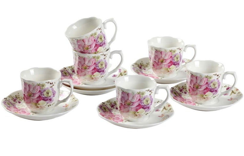 GuangYang 7 oz Porcelain Tea Cups and Saucers Set of 6, Pink Floral Design – Elegant Gift Set for Tea Lovers, Coffee, Cappuccino, Mocha, Weddings, Housewarming & Holidays - Image 1
