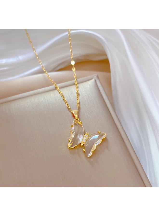[titanium Steel] Crystal Butterfly Necklace Earrings Set Light Luxury Micro-inlaid Personality Elegant Banquet Earrings Necklace Combination 