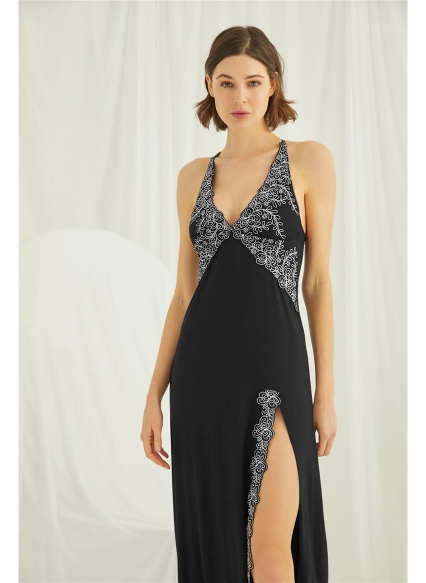 Monamise 19195 Women's Low-cut Embroidery Lace Slit Nightgown - Black  - Image 1