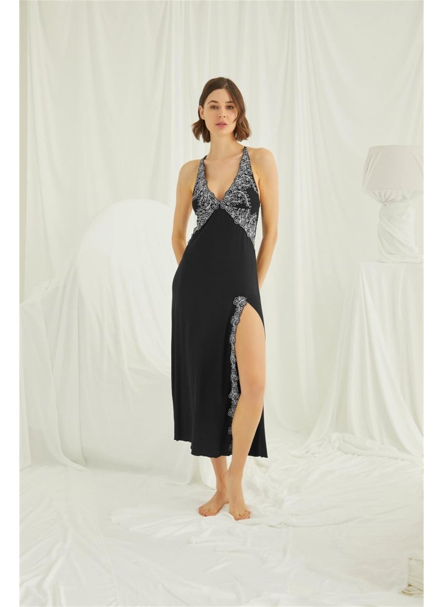 Monamise 19195 Women's Low-cut Embroidery Lace Slit Nightgown - Black  - Image 5