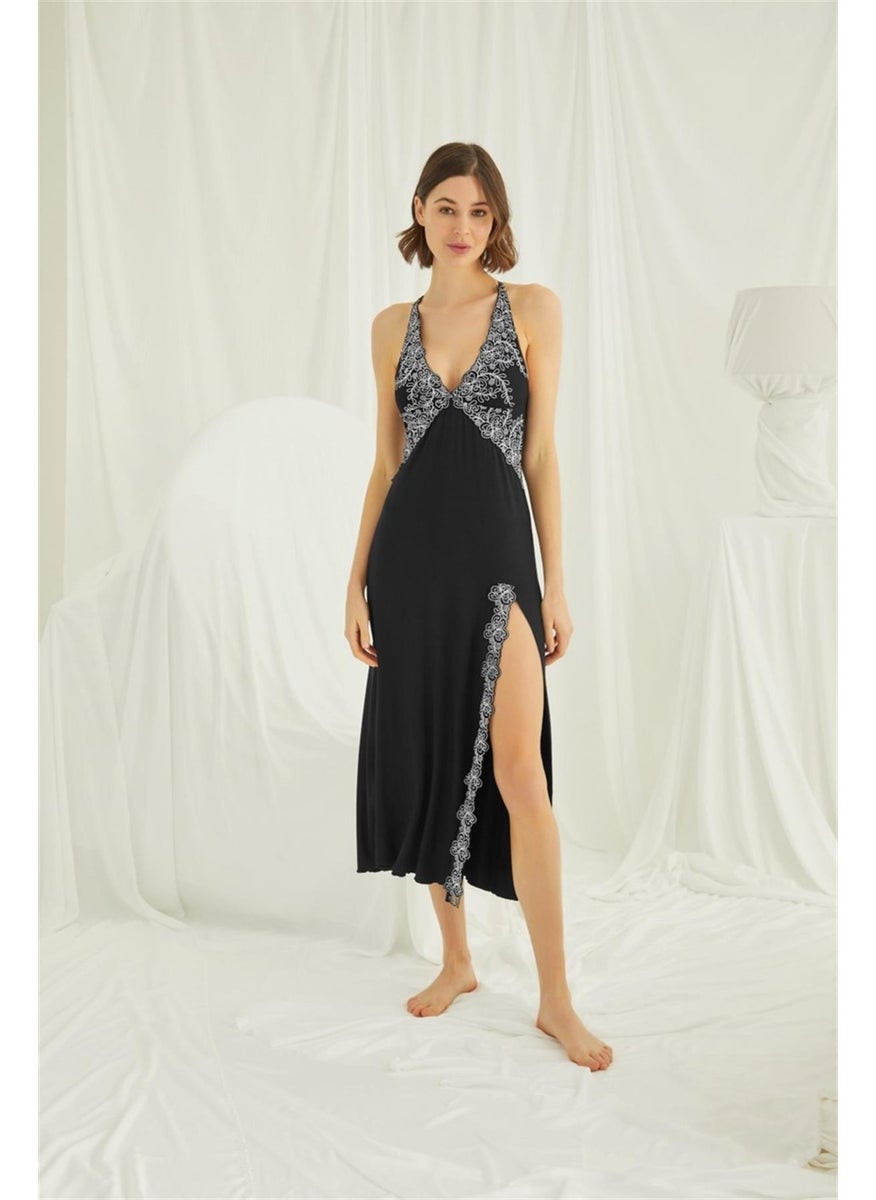 Monamise 19195 Women's Low-cut Embroidery Lace Slit Nightgown - Black  - Image 4