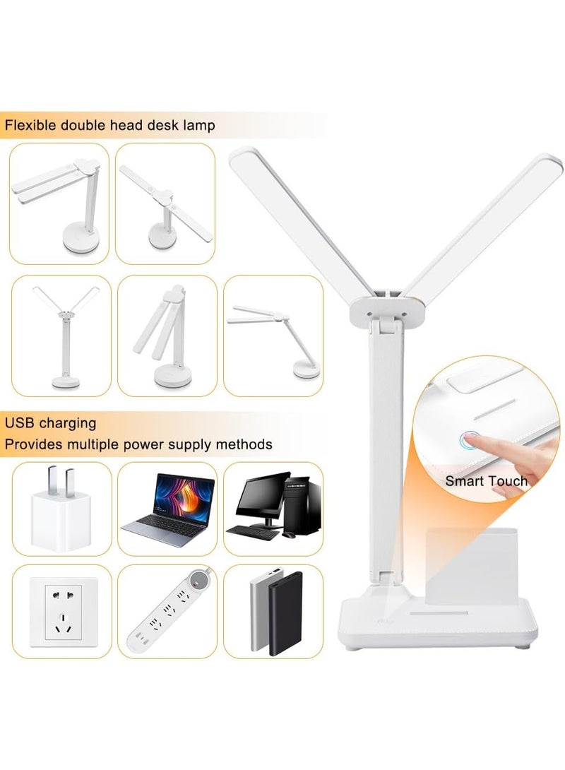 Necomi Double Head  Desk Lamp With Pen holder, Table Lamp, Rechargeable, Eye-Caring, Touch Control With Charging Port-Bedside Table Lamp for Reading, Study Lamp for Kids, Home, Office, White - Image 2