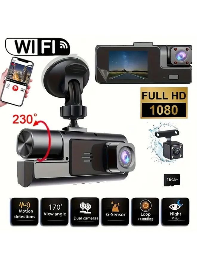 Triple Lens Dash Cam With 16G Memory Card WIFI G Sensor Loop Recording Night Vision - Image 1