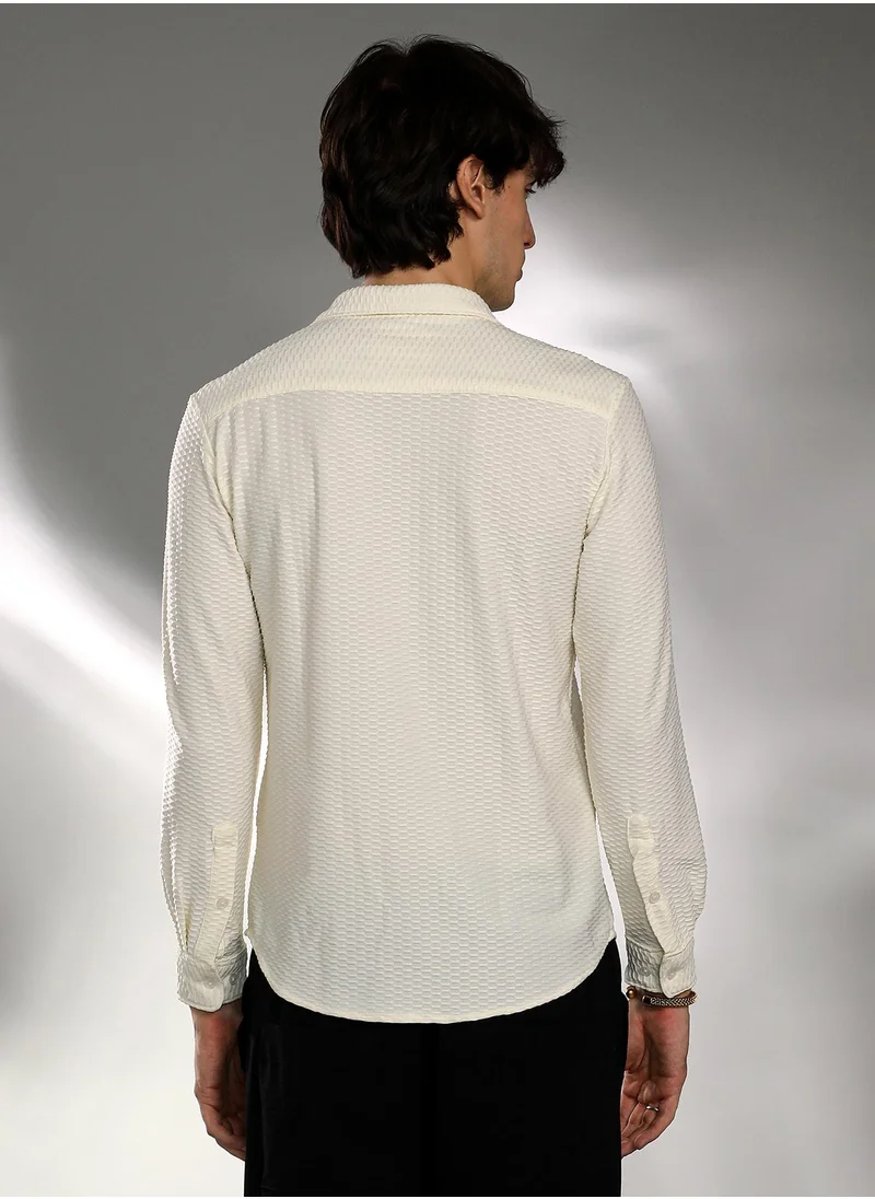 Campus Sutra Men's Pale Yellow Hive-Textured Shirt