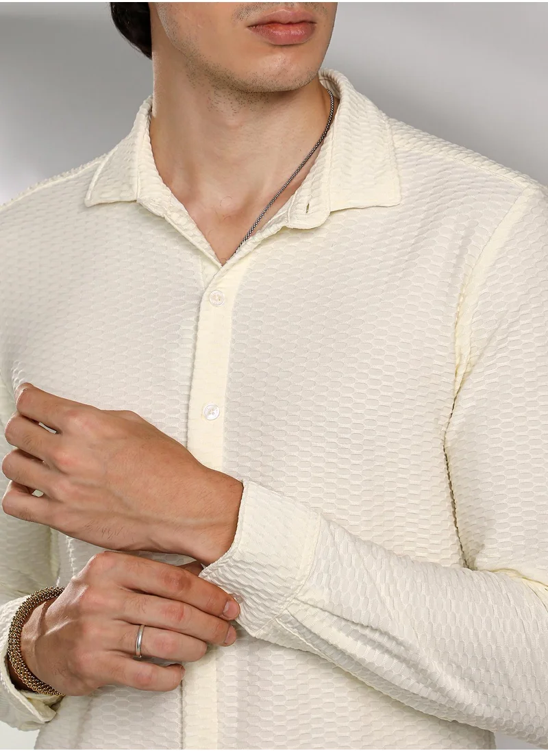 Campus Sutra Men's Pale Yellow Hive-Textured Shirt