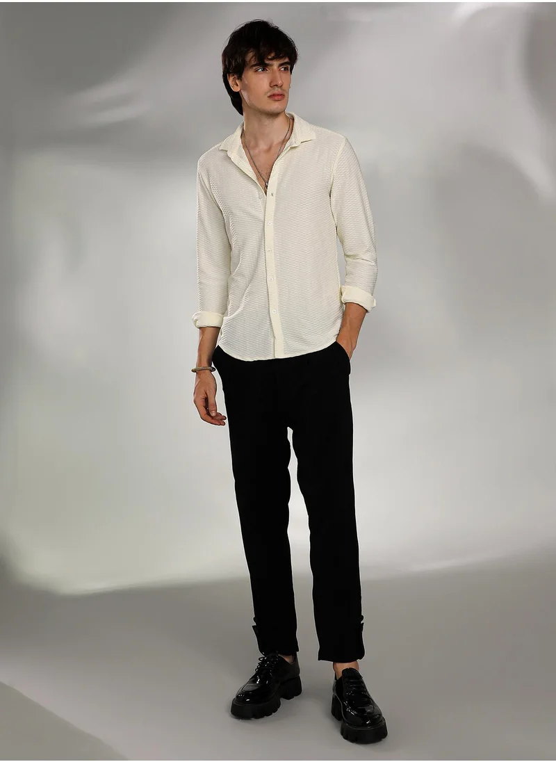 Campus Sutra Men's Pale Yellow Hive-Textured Shirt