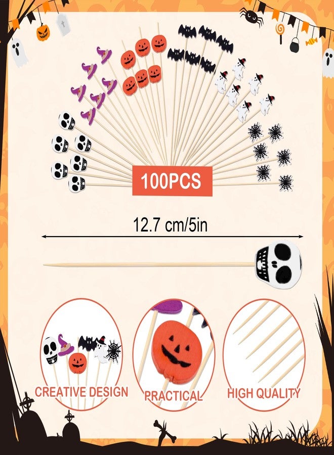 MEMOVAN Halloween Toothpicks for Appetizers 100PCS Halloween Cocktail Picks Ghost Pumpkin Spider Boo Bat Fruit Sticks for Halloween Party Cake Dessert Food Fruit Sandwiches Drinks Skewers - Image 2