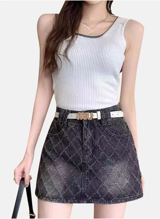 يونيكي Black Printed A-Line Mini Denim Skirts