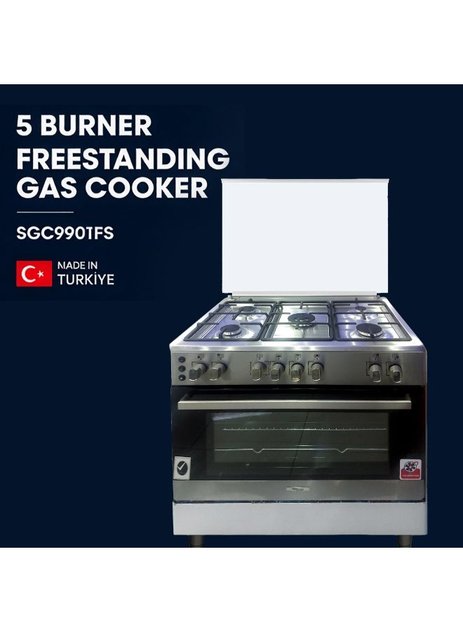 SUPER GENERAL 90x60 Full Safety Gas Cooker having  5 SABAF Gas Burners Rotisserie, Grill, Oven ,Mechanical Timer,  Ignition Button - SGC9901FS Silver - Image 1
