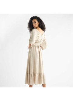FAV Textured V-neck Dress with Extended Sleeves and Flounce Hem  - Image 3