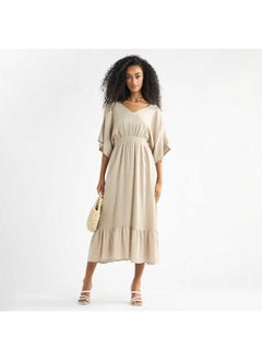 FAV Textured V-neck Dress with Extended Sleeves and Flounce Hem  - Image 2
