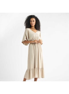 FAV Textured V-neck Dress with Extended Sleeves and Flounce Hem  - Image 1
