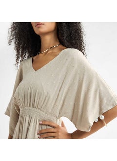 FAV Textured V-neck Dress with Extended Sleeves and Flounce Hem  - Image 4