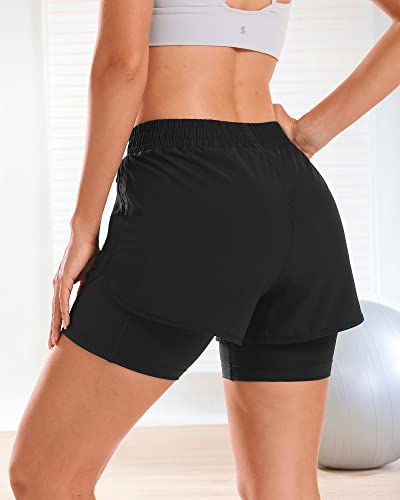 Stelle Women 2 in 1 Running Shorts High Waisted Athletic Shorts Gym Workout Shorts with Liner Zipper Pockets (Black, L) - Image 3