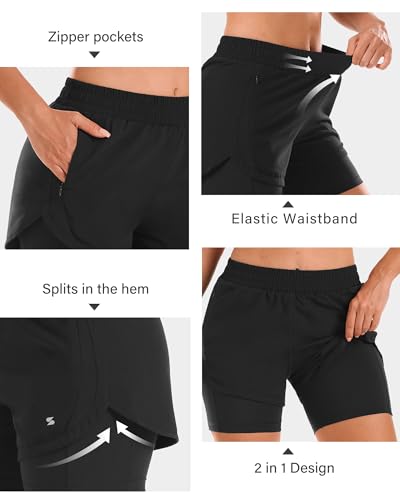 Stelle Women 2 in 1 Running Shorts High Waisted Athletic Shorts Gym Workout Shorts with Liner Zipper Pockets (Black, L) - Image 4