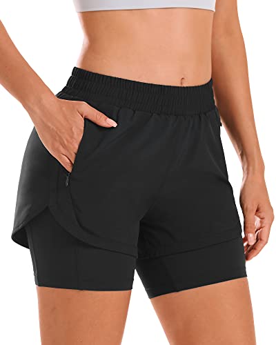 Stelle Women 2 in 1 Running Shorts High Waisted Athletic Shorts Gym Workout Shorts with Liner Zipper Pockets (Black, L) - Image 1