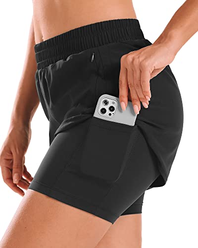 Stelle Women 2 in 1 Running Shorts High Waisted Athletic Shorts Gym Workout Shorts with Liner Zipper Pockets (Black, L) - Image 2