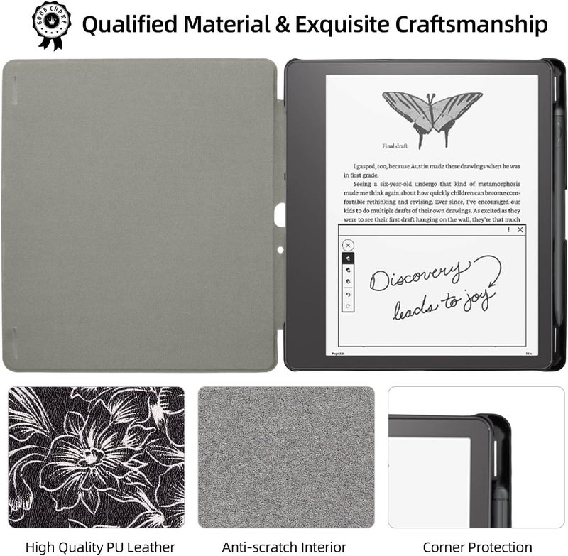 WALNEW Case Cover for 10.2-inch Kindle Scribe (2022 Released), Smart PU Leather Cover with Pen Holder and Auto Wake/Sleep for 10.2” Amazon Kindle Scribe E-Reader (Black Flower) - Image 4