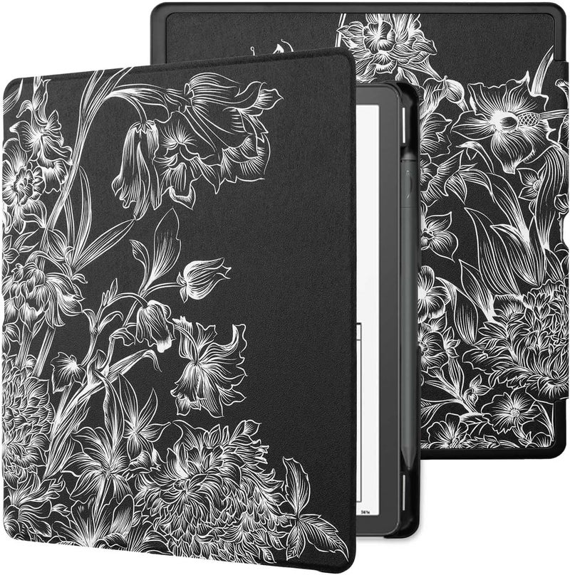 WALNEW Case Cover for 10.2-inch Kindle Scribe (2022 Released), Smart PU Leather Cover with Pen Holder and Auto Wake/Sleep for 10.2” Amazon Kindle Scribe E-Reader (Black Flower) - Image 1