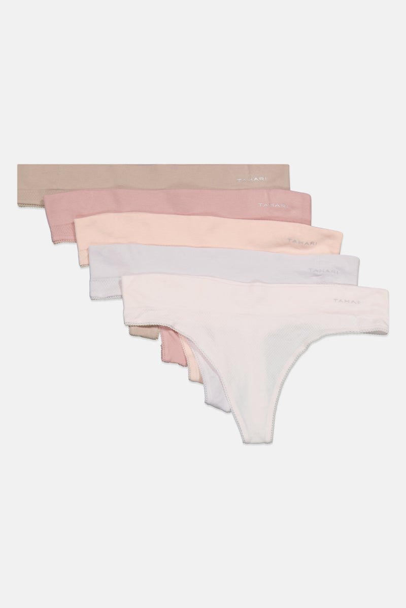Tahari Women 5 Pack Jacquard Thong Panty, Beige - Image 1