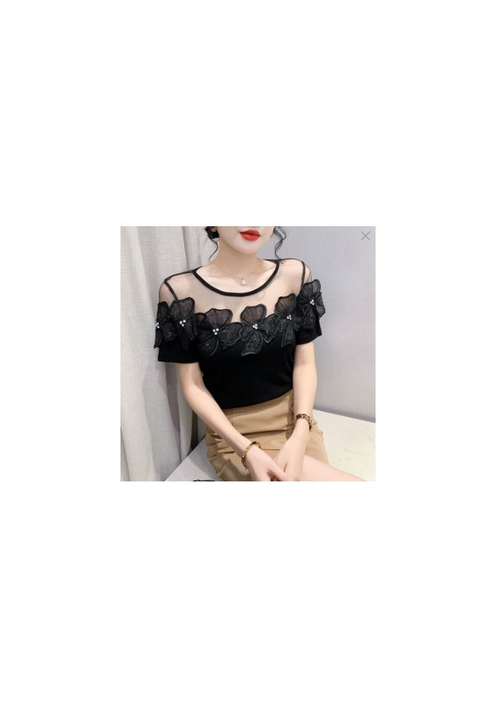 Real shot 2023 Summer new fashion all-match design sense mesh stitching lace diamond flower short sleeve t-shirt women - Image 1
