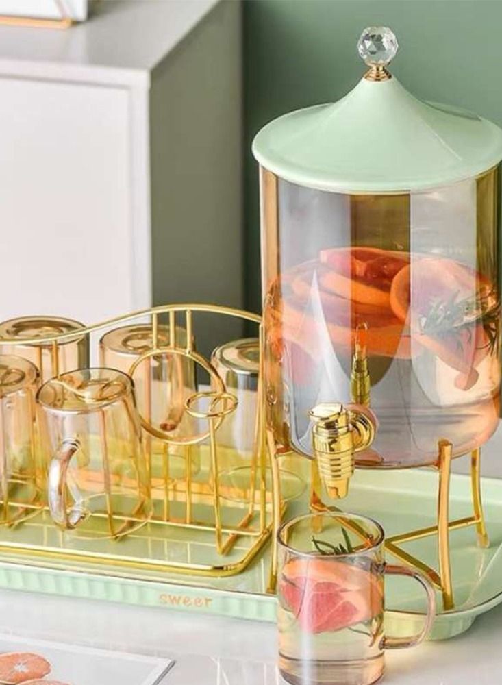 Glass drink dispenser set with cups and serving saucers with lids, add a refreshing touch to your dining table  Clear/apple - Image 1