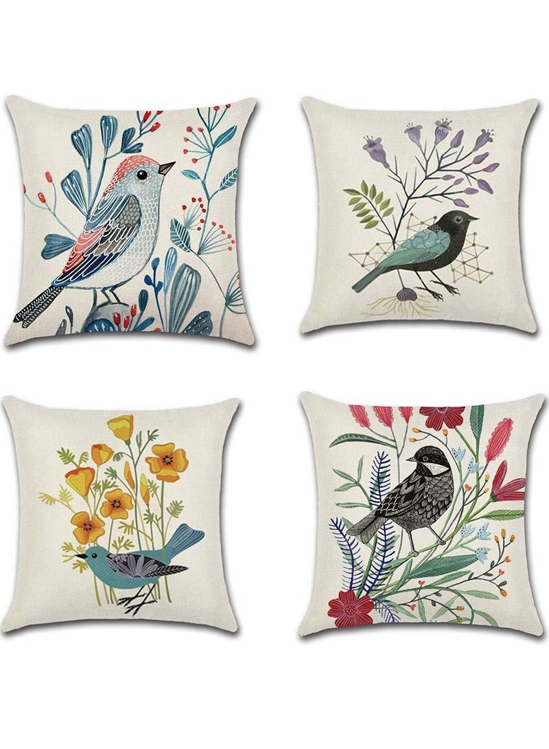 Set of 4 Floral Bird Cotton Linen Square Pillowcases with Invisible Zipper, 18 x 18 in/45 x 45 cm, Perfect for Sofa, Bedroom, Terrace, and Office Upholstery. - Image 1