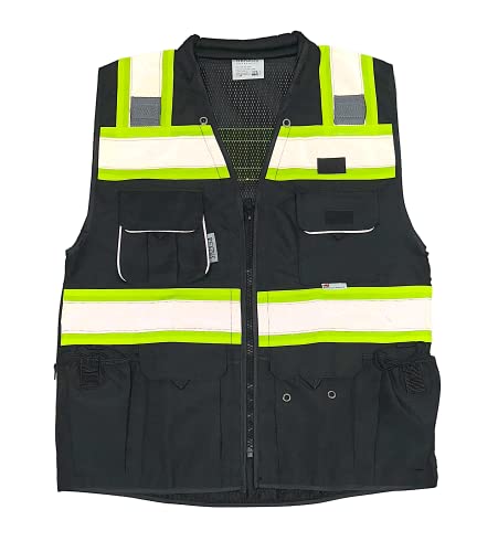 REXZUS Safety Vest for Men - Black Series with Zipper and Utility Pockets - Premium Surveyors Vest (L, Black) - Image 1