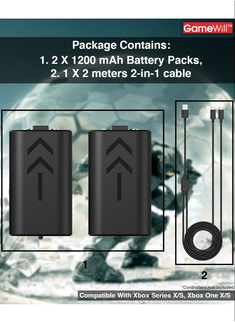 GameWill - Rechargeable Controller Battery Pack [2-PACK] with [1200 mAh HIGH POWER capacity] for Xbox Series X and Series S (also compatible with Xbox Series One X/S) - Black - Image 1