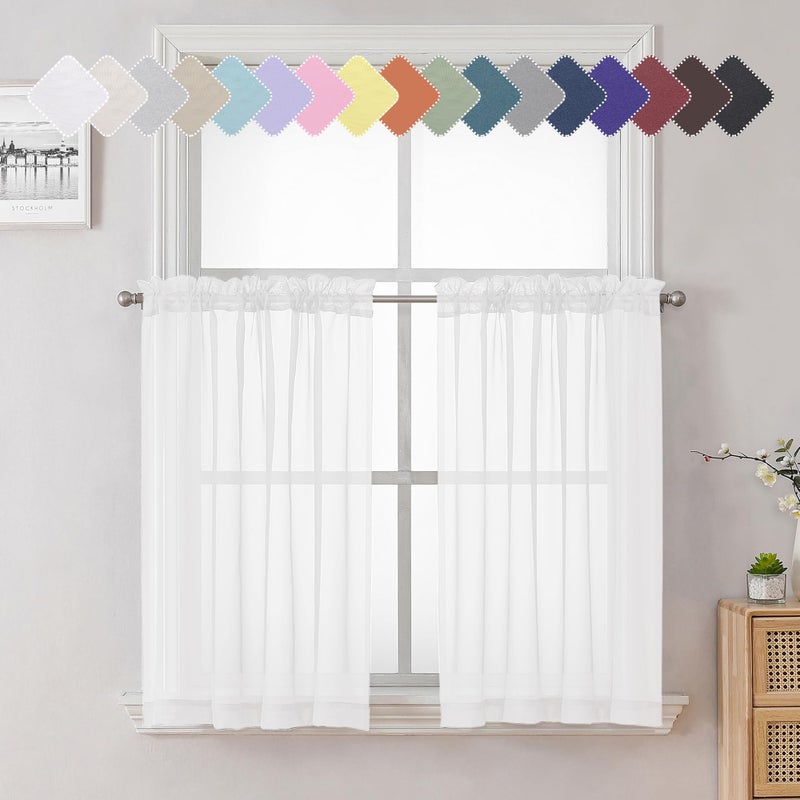 Lecloud 36 Inch White Sheer Curtains Tiers 2 PCS with Dual Rod Pockets  Airy & Breathable Half Small Curtain for Bedroom Living Room Kitchen  Voile Sheer Tiers Cafe Cupboard Decor  40X36 Inches - Image 1