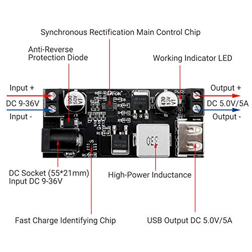 DROK Buck Converter 12v to 5v, 5A USB Voltage Regulator DC 9V-36V Step Down to DC 5V-5.3V 5.2V 3.5-6A Volt Transformer Power Supply Module for Phone Fast Charging - Image 2