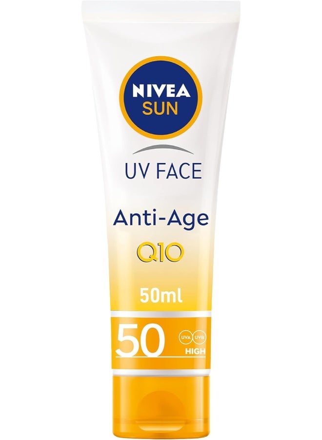 NIVEA SUN Face Cream, SPF 50, High UVA and UVB Protection, with Q10 Technology, Anti-Age, Water Resistant, Non-Greasy, 50ml - Image 1