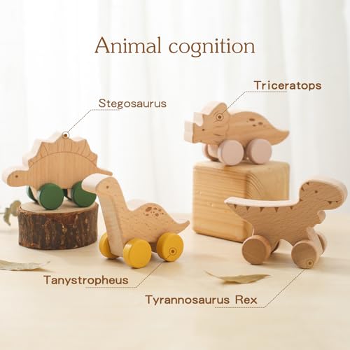 ibwaae Wooden Dinosaur Cars Montessori Toys for Babies Baby Push Car Toys Wooden Toy Vehicles Development and Infant Grasping Montessori Toys3PCS - Image 5