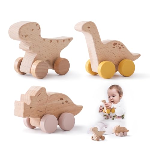 ibwaae Wooden Dinosaur Cars Montessori Toys for Babies Baby Push Car Toys Wooden Toy Vehicles Development and Infant Grasping Montessori Toys3PCS - Image 1