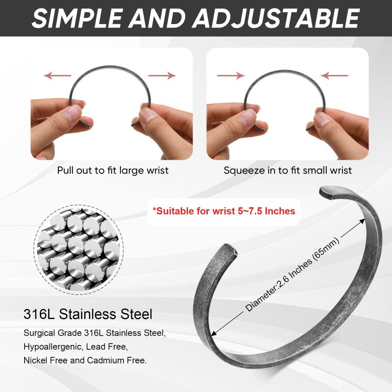 MEALGUET Stainless Steel Antique Retro Reminder Inspiration Message Quote Open Cuff Bangle Bracelets for Men,65mm - Image 4