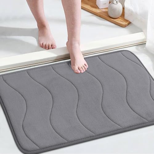 Flamingo P Memory Foam Bath Mat for Bathroom Non Slip Quick Dry Super Water Absorbent Shower Rug,24x17,Grey - Image 1