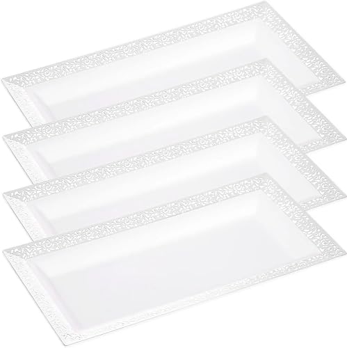 Yumchikel Yumchikel Plastic Serving Tray  Platter Set 4Pack White Lace Disposable Party Trays  Platters for Food  Versatile for Appetizers and Ideal for Weddings 14 x 75 Platters for Serving Food