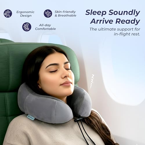Billebon Neck Pillow for Travel – Cool-Gel Infused Memory Foam Support, U-Shape Ergonomic Design, Portable for Flight Journeys, Lightweight Compact Build, Soft Washable Cover (Grey with Eye Mask) - Image 4