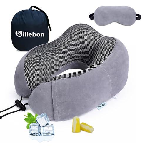 Billebon Neck Pillow for Travel – Cool-Gel Infused Memory Foam Support, U-Shape Ergonomic Design, Portable for Flight Journeys, Lightweight Compact Build, Soft Washable Cover (Grey with Eye Mask) - Image 1