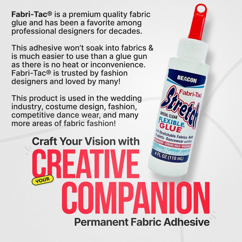 Beacon لاصق بيكون فابري-تاك القابل للتمدد - جودة ممتازة، قابل للتمدد ومرن مع وقت جفاف سريع، مثالي للأقمشة القابلة للتمدد، ملابس الرقص والمزيد، 4 أونصات - Image 3
