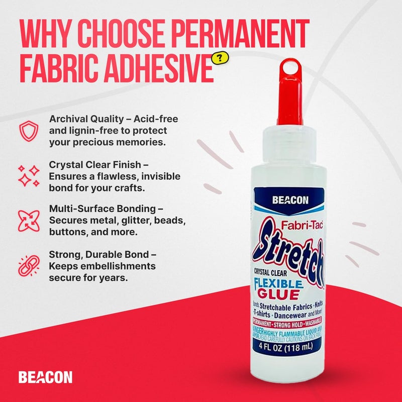 Beacon لاصق بيكون فابري-تاك القابل للتمدد - جودة ممتازة، قابل للتمدد ومرن مع وقت جفاف سريع، مثالي للأقمشة القابلة للتمدد، ملابس الرقص والمزيد، 4 أونصات - Image 2