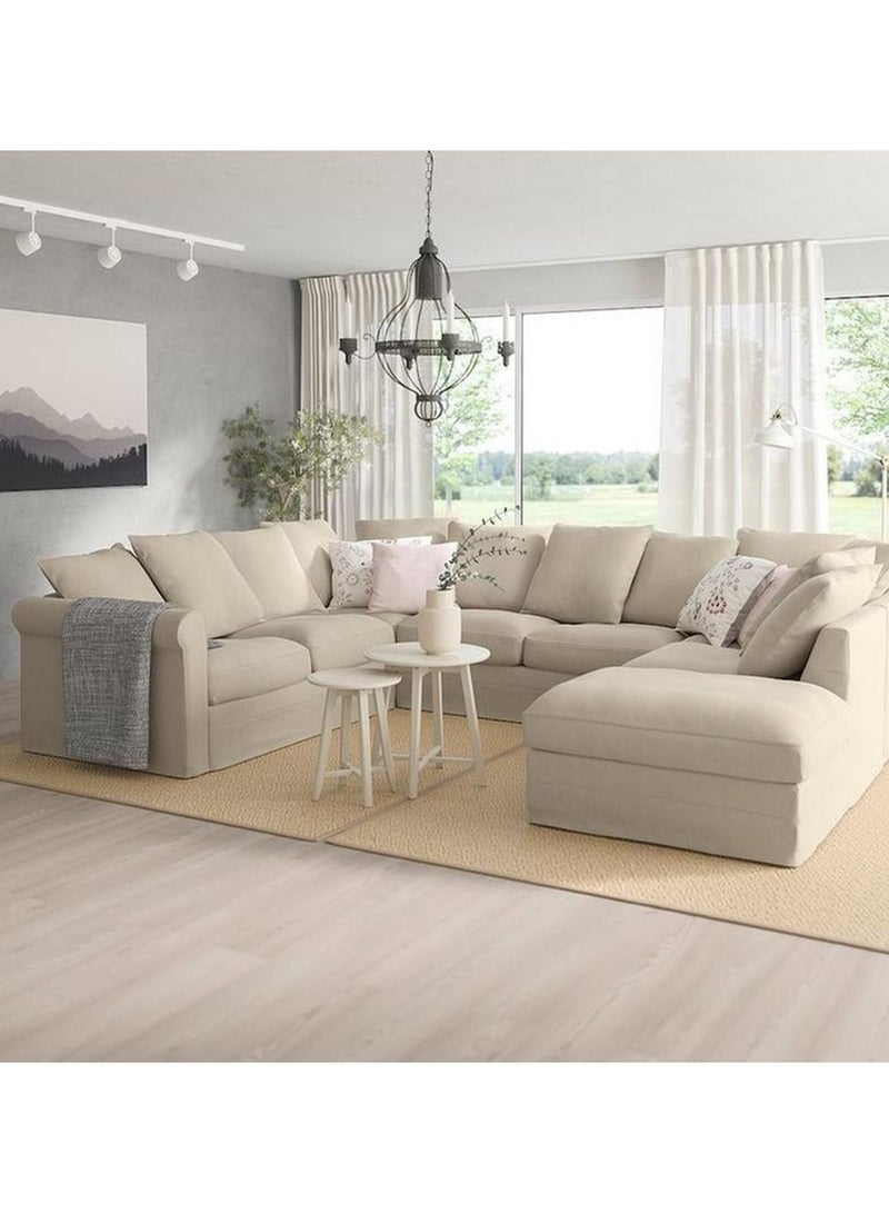 Betak Swedish Wood and Velvet U-Shape Sofa - Beige - Image 1